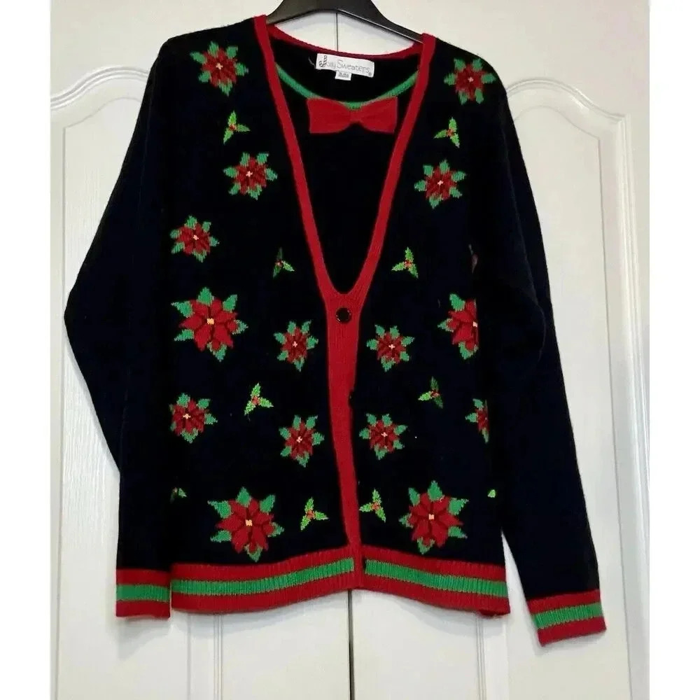 Black Poinsettia Mistletoe Pullover Ugly Christmas Sweater Men’s Size XL